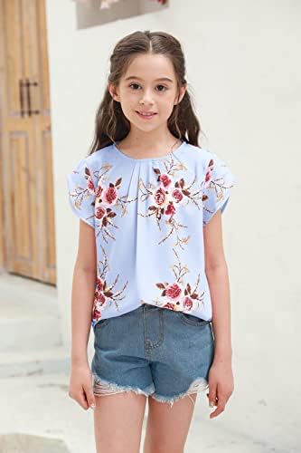 Ebifin/ Нагънат Ризи с къс ръкав за Момичета, Летни Модни Обикновена Блузи, Ежедневни Тениски с кръгло деколте, Свободни Основни