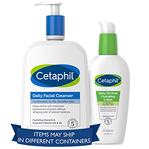 Набор от Cetaphil - Ежедневно Почистващо средство за чувствителна, Комбинирана и мазна кожа, 20 грама и Ежедневен Хидратиращ лосион за лице с хиалуронова киселина, 3-унци