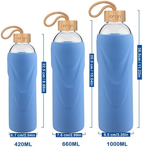 Най-добрата стъклена бутилка за вода Произход, не съдържат BPA, със Защитен силиконов ръкав и бамбук капак - Могат да се мият в съдомиялна машина (Baby Blue, 14 унция)