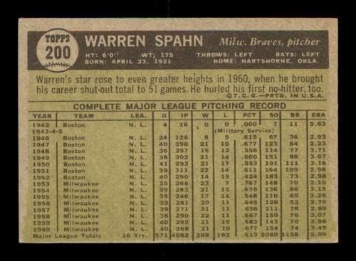 #200 Уорън Спан КОПИТО - Бейзболни картички Topps 1961 г. съобщение (Star) С градацией EXMT + - Реколта Картички с автограф бейсболистов