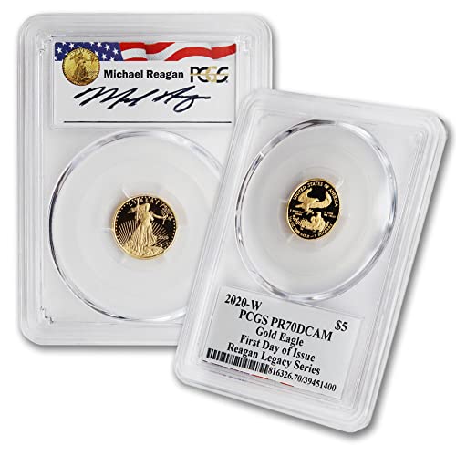 Монета 2020 г. от злато с разбивка по 1/10 oz Американски орел PR70 с дълбока камеей (Първия ден на издаване - лейбъл серия Reagan
