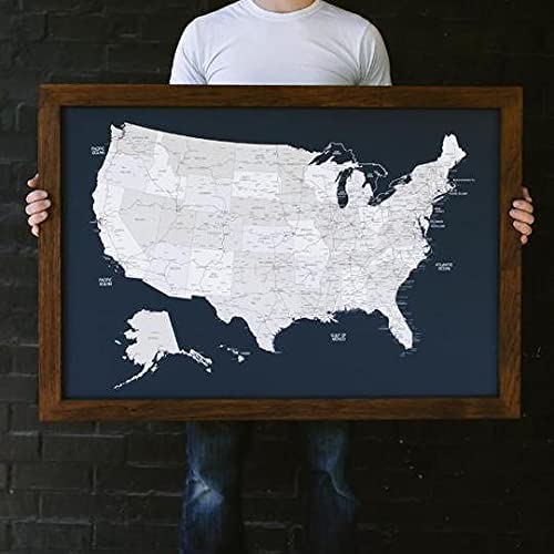 Карта за пътуване Wayfaren Large US Navy Push Егн | Стенен декор в дървена рамка с ръчно изработени Карта на САЩ за проследяване