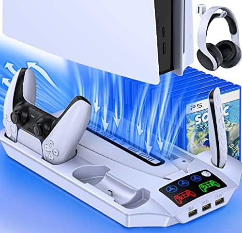Поставка HEYLICOOL за PS5 с 4-уровневым охлаждащ вентилатор, Станция за бързо зареждане на двойното контролер PS5 с 3 USB концентраторами,