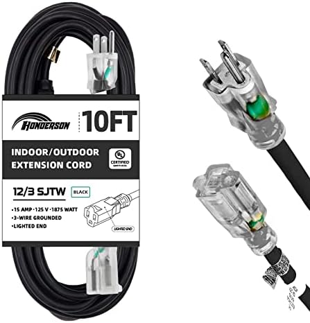 Външен удължител HONDERSON 10 ФУТА 12/3 с подсветка - Удлинительный кабел SJTW за тежки условия на експлоатация, 12 Калибър, 3 Клипса,