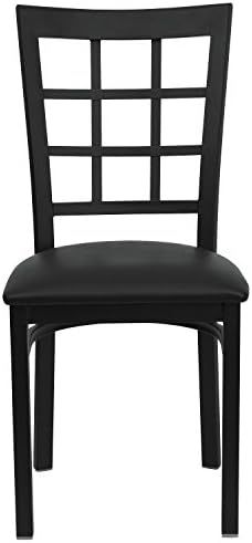 Флаш мебели от 4 теми серията HERCULES, черен метален стол с кетъринг прозорец облегалка и черен винил седалка