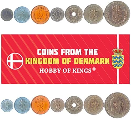 7 Монети от Дания | Колекция Датски монети 1 2 5 10 25 Руда 1,5 на Короната | В обращение 1960-1972 | Дъбова клонка | Фредерик IX