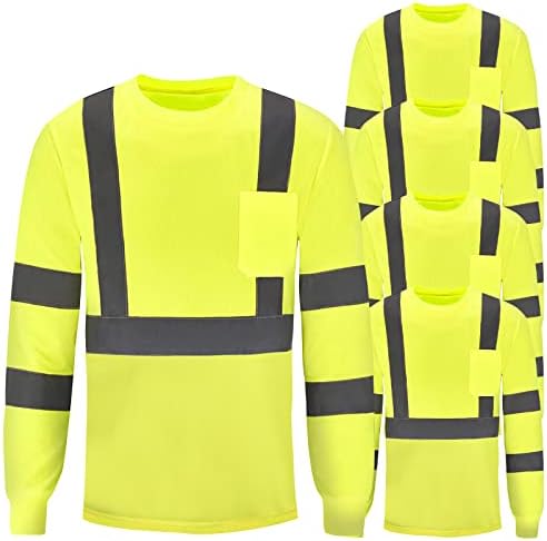JaGely, 6 предмети, Светоотражающая Работна Риза повишена видимост, безопасна за Мъже, тениски с дълъг ръкав, Мрежести Жълти Строителни