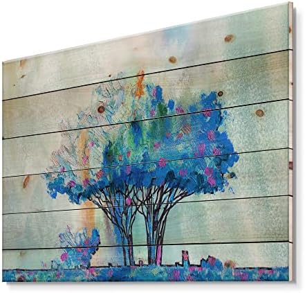 DesignQ Blue Colored Tree Impression I Съвременен Декор на стени от Дърво, Стенно Изкуство от Синьо Дърво, по-Големи Стенни Панели с Пейзажи, Отпечатани На естествена борова дървеси?