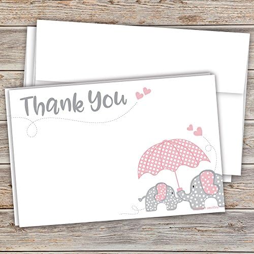 Картички с благодарственными бележки за душ с розов Слон за момичета (20 броя) - С Конвертами