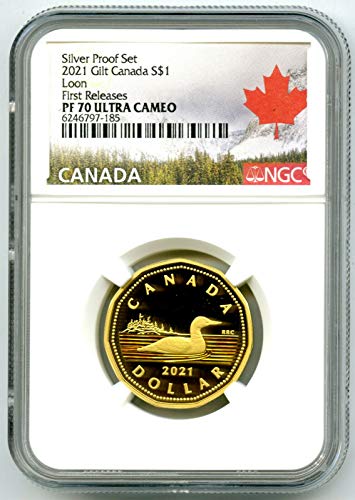 Канадски канадски долар със сребърен разбивка 2021 година .9999 Fine Gilt Gold Loon за ПЪРВИ път ПУСКА UCAM за 1 PF70 NGC