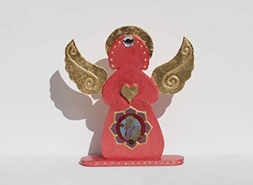 Дървена декорация във формата на Ангел Щастие Ярко-червено-златисто, Фигурка на Архангел Ариел за домашен интериор с Позлатени крила и със Сърцето, Подарък за начи?