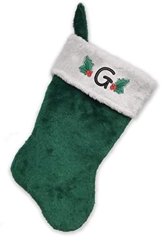 Първоначално Коледни чорапи с бродирани мен монограм, на Зелено-бял плюш, Инициал G