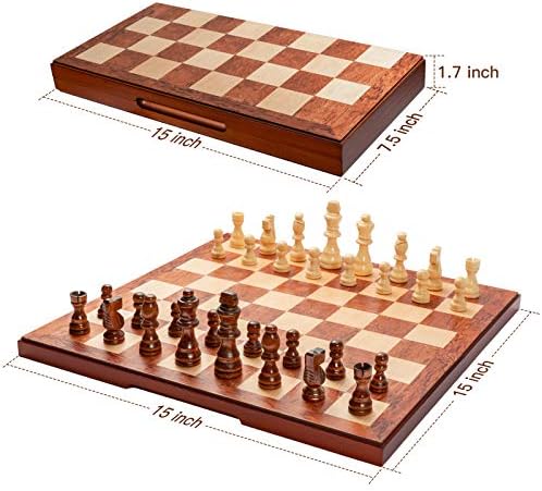 Комплект шах 15 е Дървена Настолна Игра - Дървени Комплекти с 2 Торби за съхранение и 2 Допълнителни Царици - Подарък кутия за Мъже,