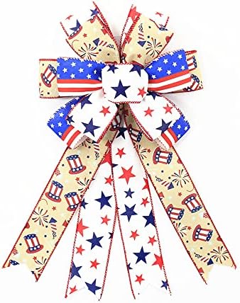 Големи Патриотични Панделки на 4 юли за Венец, Лъкове с Флага на Америка, Венец на Ден на Памет, Лък от груб конопен плат, Червени,