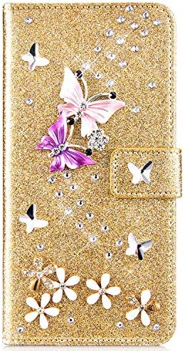 IKASEFU е Съвместим с калъф за iPhone 6 Plus/Plus 6S, Блестяща Пеперуда, Планински Кристал, Цветя Изкуствена Кожа, Брилянт светкавица, каишка за чантата си, калъф с държач за карт