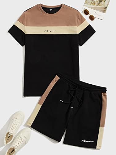 NIBHZ Комплект дрехи от две части за мъже, тениски с цветни блокчета и надписи, комплект шорти (Цвят: многоцветен, Размер: Средно)