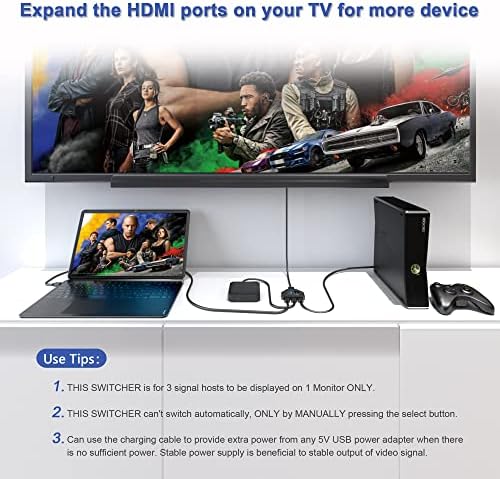HDMI комутатор 3 в 1, 4K @ 30hz HDMI-сплитер Поддържа Full HD 1080P 3D, Съвместим с Roku Fire TV Stick HDTV PS4/PS5 Xbox One Chromecast