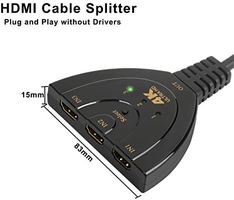 HDMI комутатор 4K, 3-портов HDMI комутатор Rybozen, Сплитер HDMI, 3 в 1, концентратор с високоскоростен кабел-косичкой, поддържа