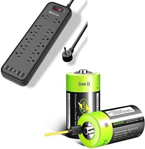 Мрежов филтър Power Strip с 12 розетки, 4 USB порта и 1 порт USB-C (5V / 3A) и перезаряжаемыми литиеви батерии D (2 комплекта)