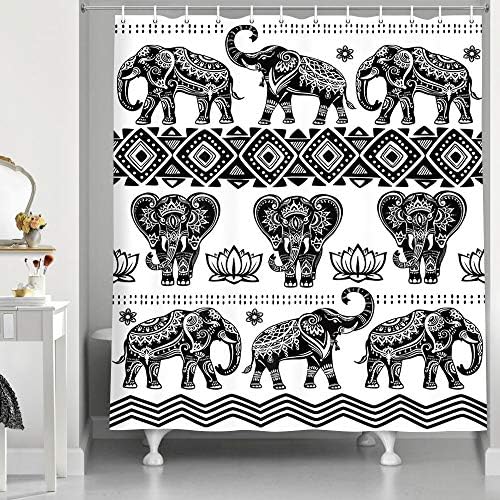 Завеса за душ JAWO Boho Elephant, Черно-Бели Тъкани Завеси за баня с куки, Стилни Артистична Декорация от Козметична Завеса за баня,