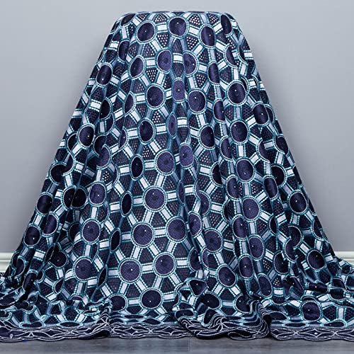 Африканска лейси плат, бродерии памучен лейси кърпа 5 ярда за сватбена рокля (тъмно синьо)