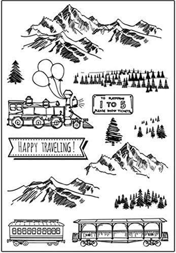 Честит Пътуващи Пейзаж Коледна Бор Планината Влак Гора Прозрачни Печати за Направата на Картички, Бижута и САМ Scrapbooking